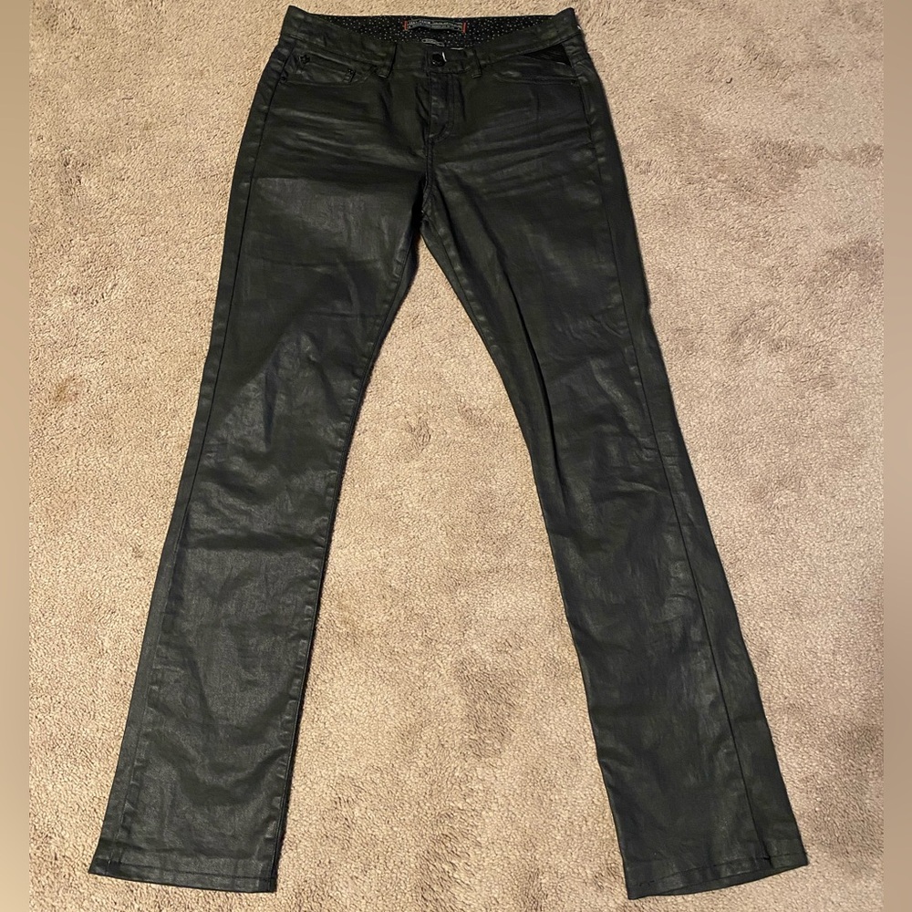 IKKS Womens Black Coated Denim Straight Leg Slim Fit Jeans Size 28